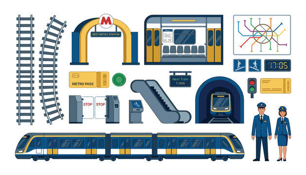 Metro subway train vector elements collection with underground station transit map tracks and uniform staff set