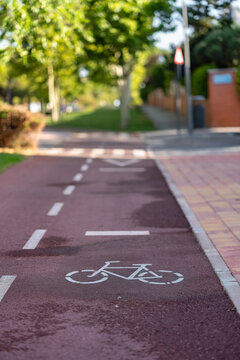 Bicycle symbol painted on a red urban cycle lane beside a paved pedestrian walkway