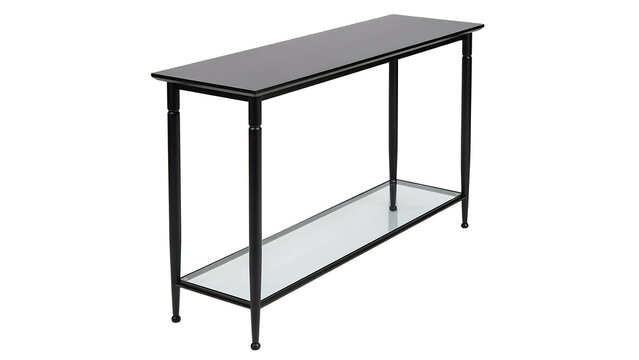 Modern slim black console table with glass bottom shelf furniture minimalist interior shelving contemporary surfaces furnishings entryway decorating