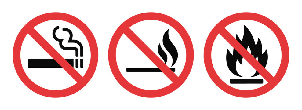 No smoking no fire and no matches prohibition signs isolated on transparent checkered background.