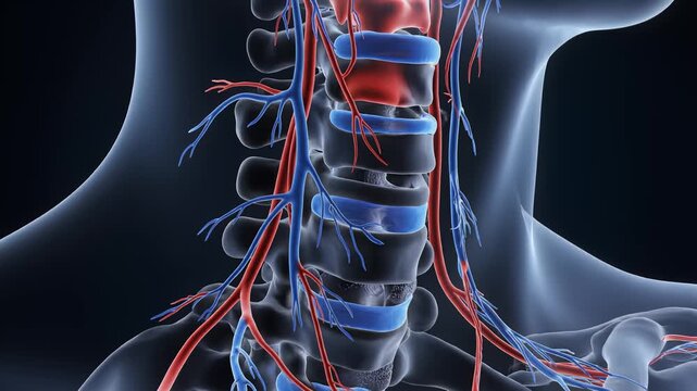 Anatomical view of human cervical spine with red arteries and blue veins. Detailed medical visualization of neck vertebrae and vascular system. Concept of healthcare, cardiology, neurology, medical