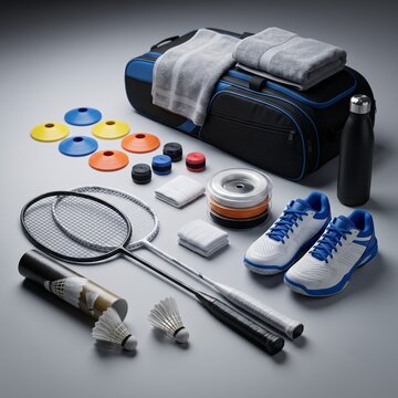Professional Badminton Equipment and Gear Set on Grey Background