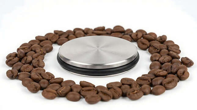 Stainless steel coffee distributor surrounded by roasted beans.