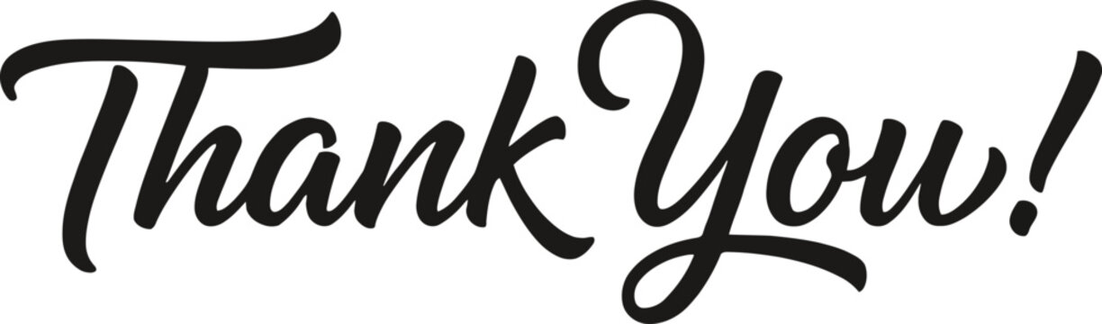 Elegant black cursive calligraphy lettering of the phrase thank you isolated on a clean white background for greeting card design