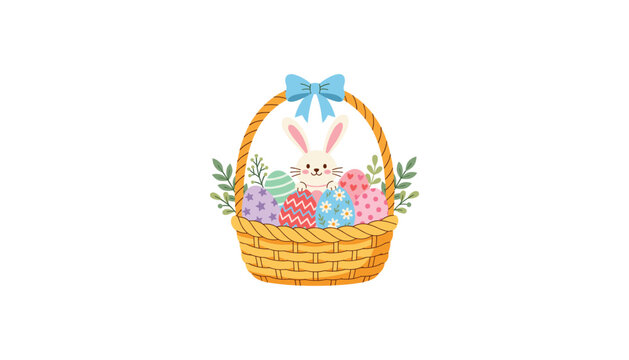 Cute Easter basket vector illustration with cartoon bunny colorful painted eggs and spring botanical leaves element