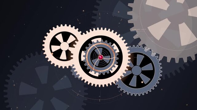 Mechanical gears rotating together with abstract motion graphics background