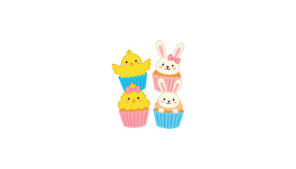 Fototapeta premium Cute Easter cupcakes vector collection with kawaii bunny and cartoon chick spring holiday dessert elements set