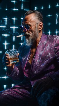 Stylish senior man with grey beard smoking cigarette and holding whiskey glass. Man wearing purple sequin suit and sunglasses against blue neon light background. Concept of luxury, nightlife