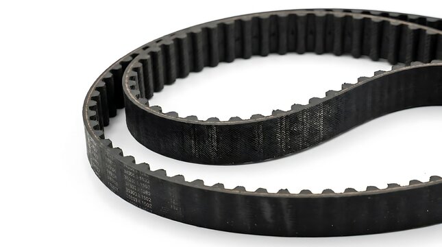 Two black rubber toothed timing belts on white.