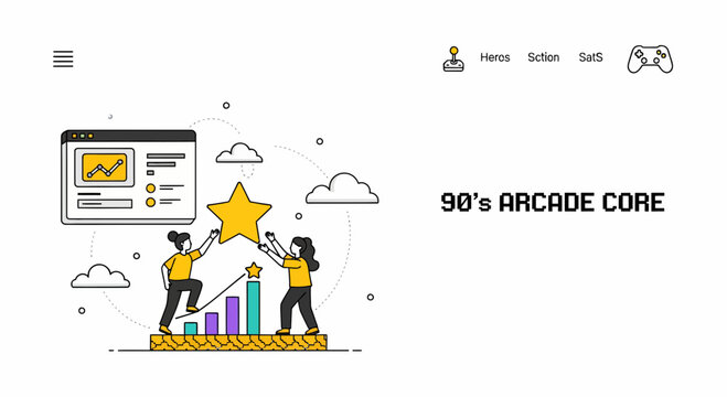 Small 90s game UI web dash with user star stats and icons for pro dev