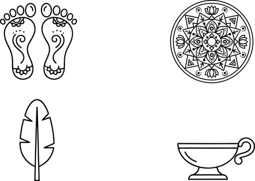 Traditional Hindu Laxmi Charan Paduka Feet Line Icon Set Featuring Ornate Circular Mandala Geometric Pattern Feather and Religious Offering Cup Symbols