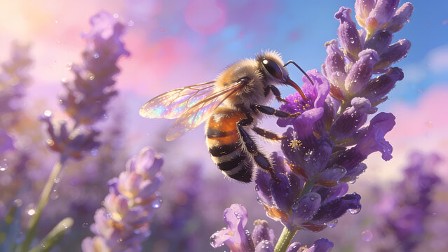 Honeybee collecting nectar from a lavender flower in a field during sunset.