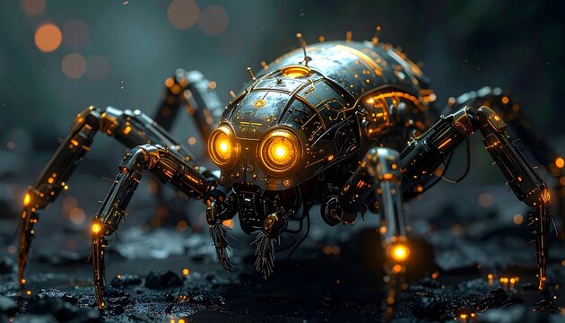 Golden metallic robot warrior in dark futuristic battle scene.