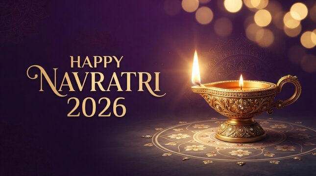 Happy Navratri 2026Greeting Card with Glowing Diya, Sacred Mandala, and Elegant Golden Text on Maroon Background &ndash; Hindu Festival, Spiritual Celebration, Poster, Invitation, and