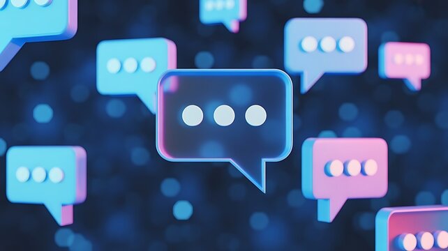 Abstract 3d of floating chat bubbles with ellipsis symbols representing digital messaging and online social media conversations