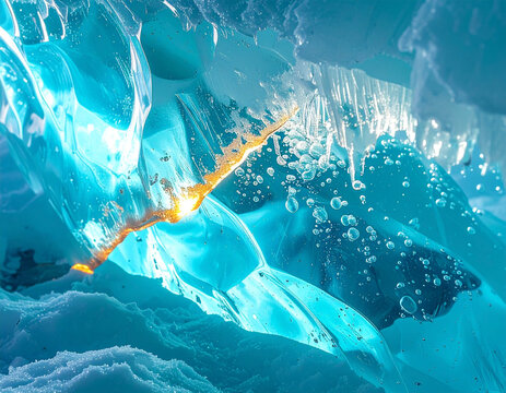 Cinematic interior of a crystal-clear turquoise ice cave pierced by a glowing thermal energy fissure