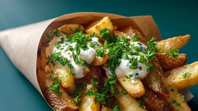 Golden fried potato wedges topped with creamy white sauce and fresh chopped parsley in a brown paper cone. Dark teal background. Concept of fast food, street food, appetizer, snack bar.