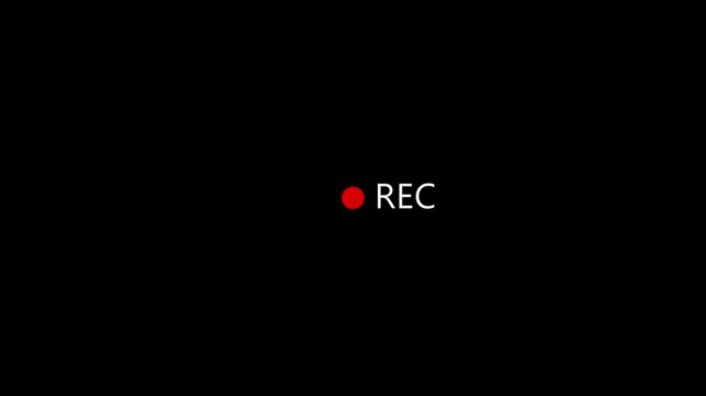 Camera rec recording sign with blinking red dot button isolated on black background, video