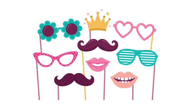Photo booth props vector elements collection with party sunglasses mustache lips and crown icons set isolated