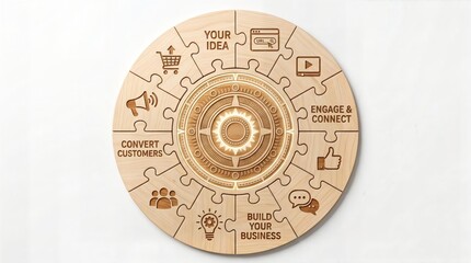 Naklejka premium Circular Wooden Puzzle showing Business Strategy and Marketing Journey Concepts