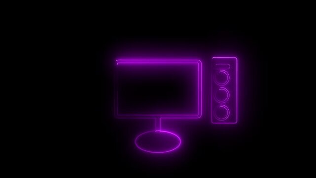 Purple neon desktop computer with pc case workstation icon glowing on black background 4 k..