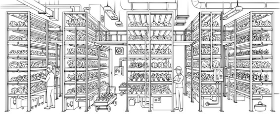 Obraz premium Modern Indoor Vertical Farm With Workers Monitoring Leafy Green Plants Line Art