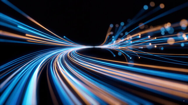 Abstract motion of glowing blue and golden light trails flowing through dark space