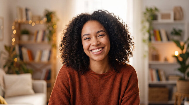 Smiling young African American woman with curly hair sitting in a cozy living room with bookshelves and plants