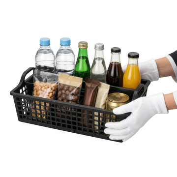 Hands in White Gloves Holding Minibar Snacks and Drinks Basket