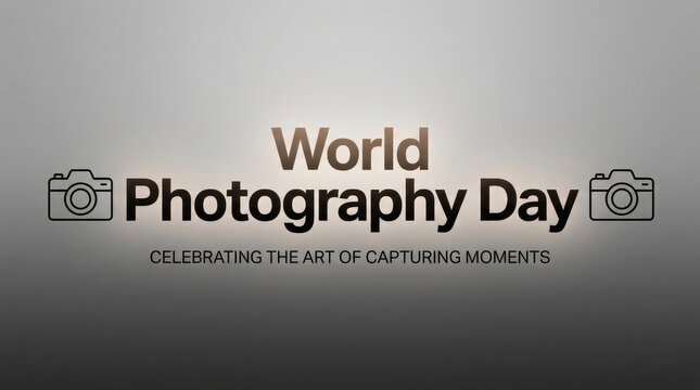 Minimalist graphic design celebrating world photography day with elegant typography and iconic camera symbols on a soft grey gradient background