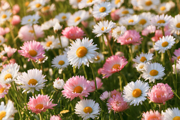 Obraz premium Meadow with lots of white and pink spring daisy flowers in a sunny day