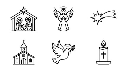 Fototapeta premium Christian Christmas Line Art Icon Set