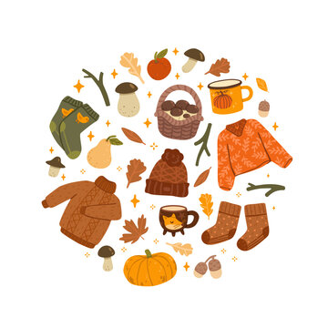 Flat vector illustration of a cozy autumn composition with sweaters, socks, mugs, basket, pumpkin, mushrooms, leaves, acorns, pear and apple.