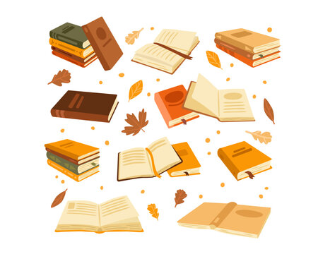 Flat vector illustration of a cozy autumn book collection with open and closed books, colorful covers and falling leaves, perfect for reading, education, library, stationery and seasonal design.