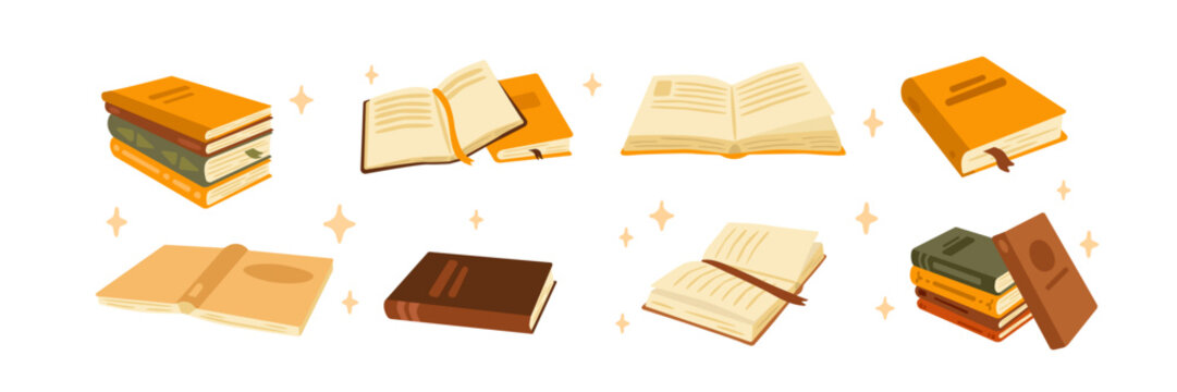Flat vector illustration of a book collection with open and closed books, stacked volumes and bookmarks, isolated educational clipart for reading, library, stationery, publishing and design.