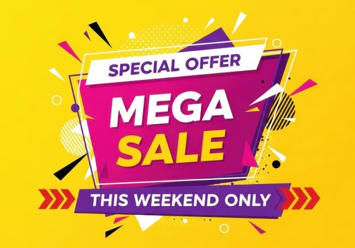 Special offer mega sale this weekend only, vibrant abstract design with geometric shapes and bold typography, perfect for promotional banners and advertising