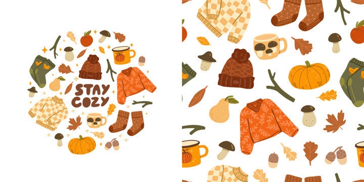Flat vector illustration of a cozy autumn collection with a seamless pattern, decorated with sweaters, socks, mugs, pumpkin, mushrooms, leaves, acorns, pears and seasonal elements
