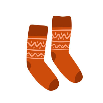 Flat vector illustration of a pair of cozy autumn knitted socks with decorative pattern in warm seasonal colors, perfect for apparel, textile, fabric, print and fall design.