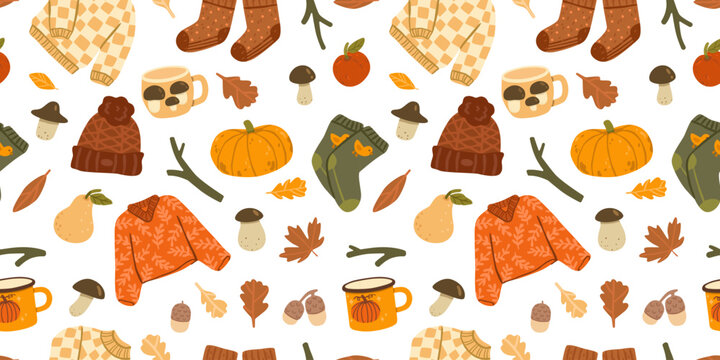 Flat vector illustration of a seamless autumn pattern decorated with cozy sweaters, socks, mugs, pumpkin, mushrooms, leaves, acorns, pears and seasonal elements