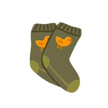 Flat vector illustration of cozy autumn knitted socks decorated with cute birds in warm seasonal colors, perfect for apparel, textile, fabric, print, nursery and fall design.