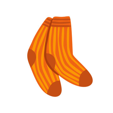 Flat vector illustration of cozy autumn knitted striped socks in warm seasonal colors, perfect for apparel, textile, fabric, print and fall design.