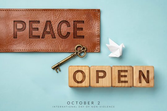 Unlocking the concept of peace and freedom an antique key, 'OPEN' blocks, and a dove symbolize the pathway to global harmony and non-violence