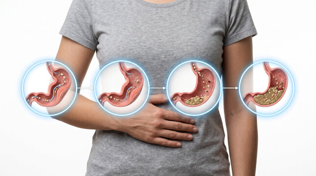 Peptic Ulcer Disease Gastric Ulcer Stomach Ulcer Gastric Mucosal Damage, Medical illustration showing progressive stomach lining erosion ulcer formation and tissue inflammation