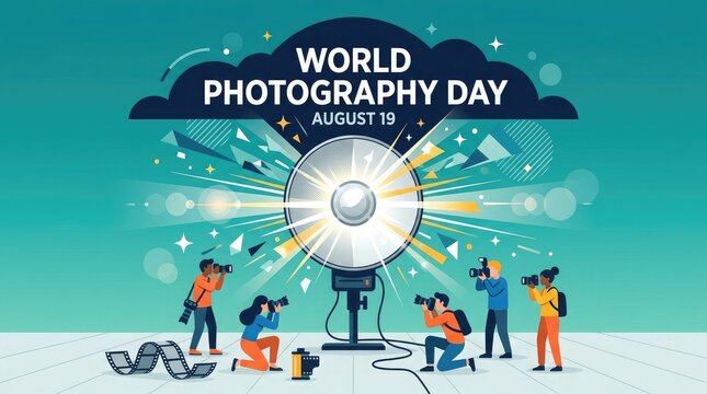 Creative illustration celebrating world photography day featuring diverse photographers capturing images with professional camera equipment in a bright and artistic studio setting