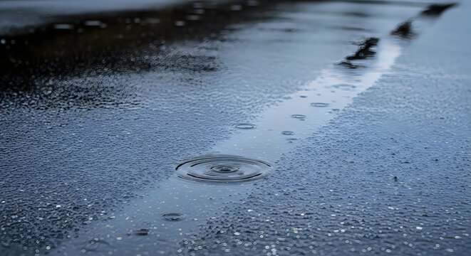 Raindrops falling into a wet asphalt puddle with ripples during overcast daylight