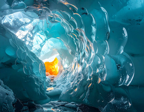 High-impact 6D render of a futuristic subterranean pathway through frozen ice and magma cracks