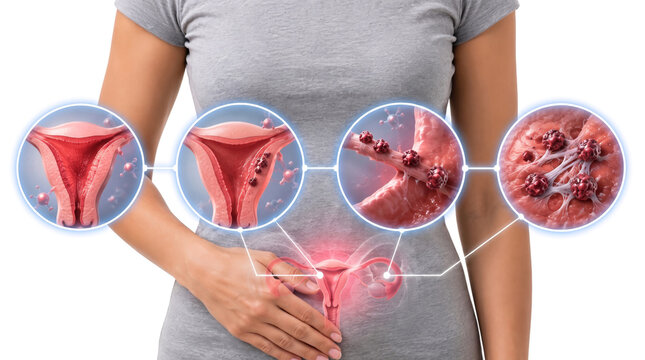 Endometriosis Endometrial Lesions Pelvic Inflammation Womens Reproductive Health, Medical illustration showing ectopic endometrial tissue growth chronic inflammation and pelvic adhesions