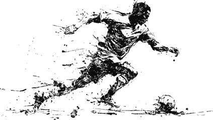 Obraz premium Dynamic soccer player sprinting with ball, black ink splatter silhouette, sport energy and motion concept