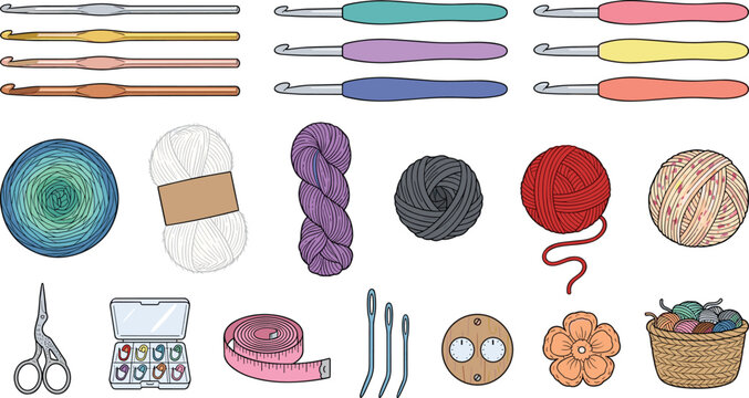 Crochet Hook and Yarn Supplies Collection with Colorful Wool Skeins, Stitch Markers, Measuring Tape, Scissors, Buttons, and Knitting Craft Accessories