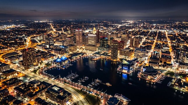 Aerial view of a brightly lit city harbor and downtown at night